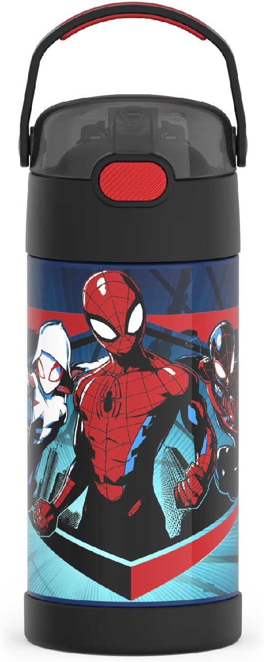 THERMOS FUNTAINER Water Bottle With Straw   12 Ounce   Kids Stainless Steel Vacuum Insulated Water Bottle With Lid, Spider Man